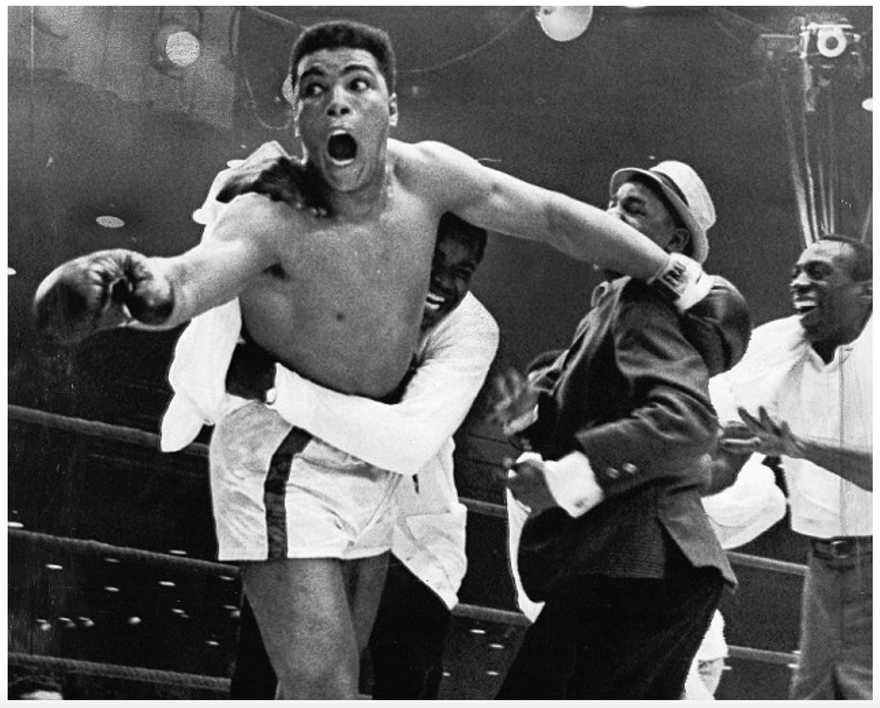 Black white image of boxing legend Muhammed Ali
